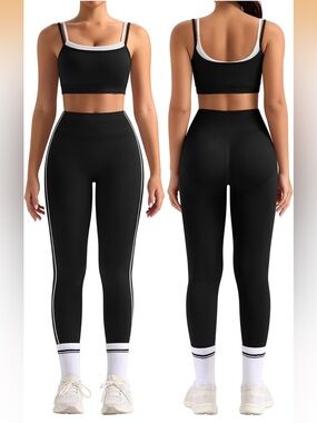 Black Active Set with White Piping - Sports Bra & Leggings